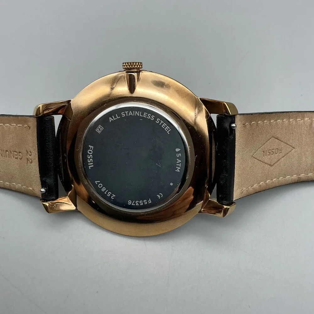 Fossil Mens Watch 44mm Black Rose Gold Tone Black Leather FS5376 New Battery - Picture 9 of 14